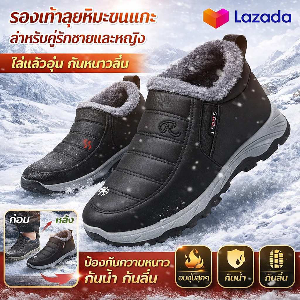 【ขนหนา/กันลื่น】บูทหิมะคู่รัก JL ใส่สบายทั้งวัน สำหรับผู้ชาย/ผู้หญิง ดีไซน์ขนฟู/Ugg Style/กันน้ำเบื้อ