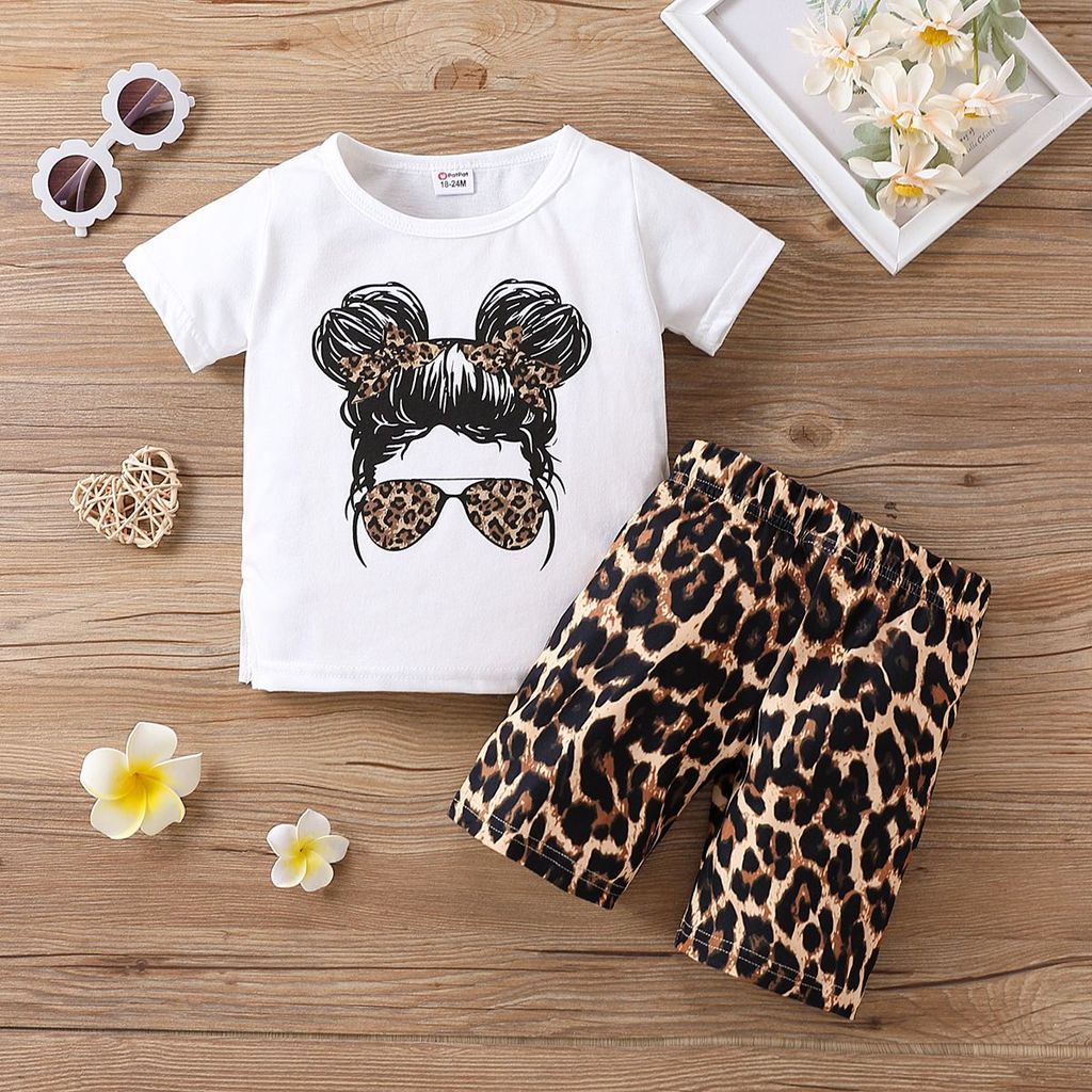 High StreetGraphic Girl Print & Leopard Shorts Set Girls Fashion Set