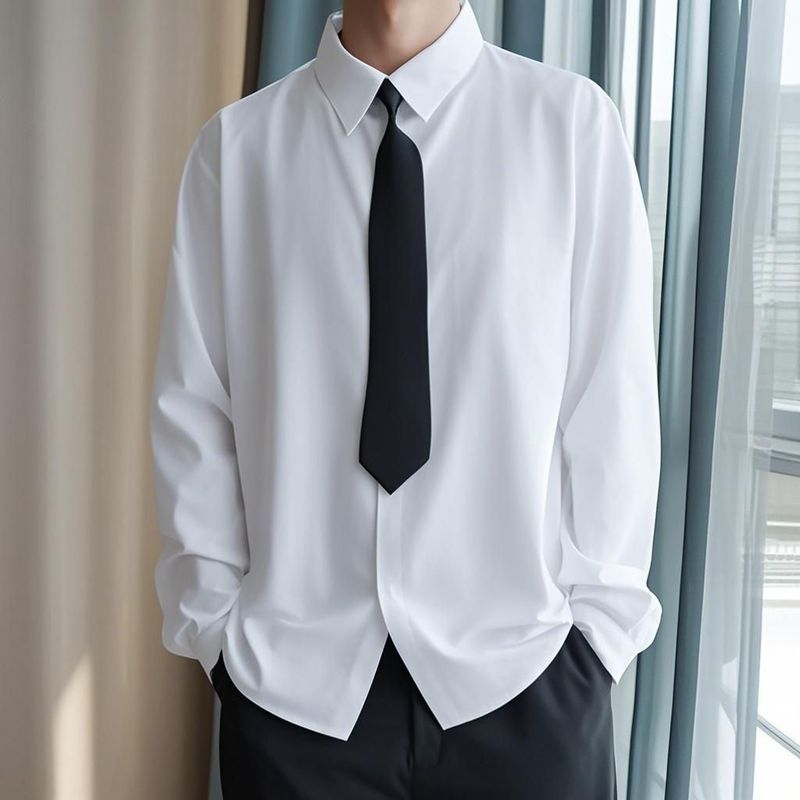 白色长袖衬衫男西装套装宽松dk短袖衬衣潮流班服毕业工作正装衬衫20260321White Long-sleeved Shirt Men's Suit Loose Dk Short-sleeved Sh