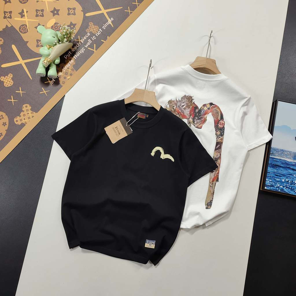 Evisu ยีนส์ เสื้อยืดแขนสั้นสำหรับผู้ชายและผู้หญิง พิมพ์ลาย สไตล์ STREET