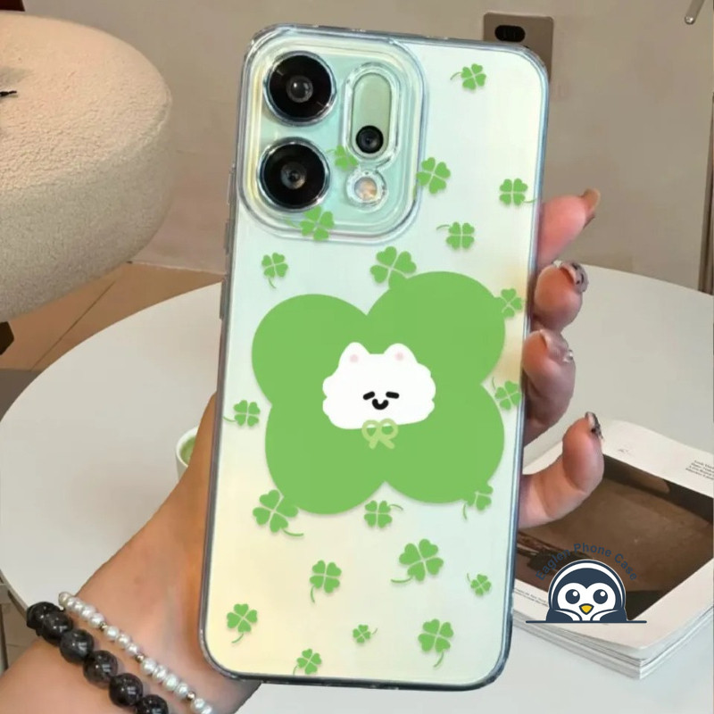 น่ารักการ์ตูนสีเขียวAppleเคสโทรศัพท์สําหรับOPPO Reno 15F 15 14F 14 13F 13 12 11 12F 11F 10 9 8 Pro Plus 8 7 Lite 8Z 8T 4G 5GปลอกC Clover Four Leafสีขาวแมวดําใสนุ่ม ฝาครอบ