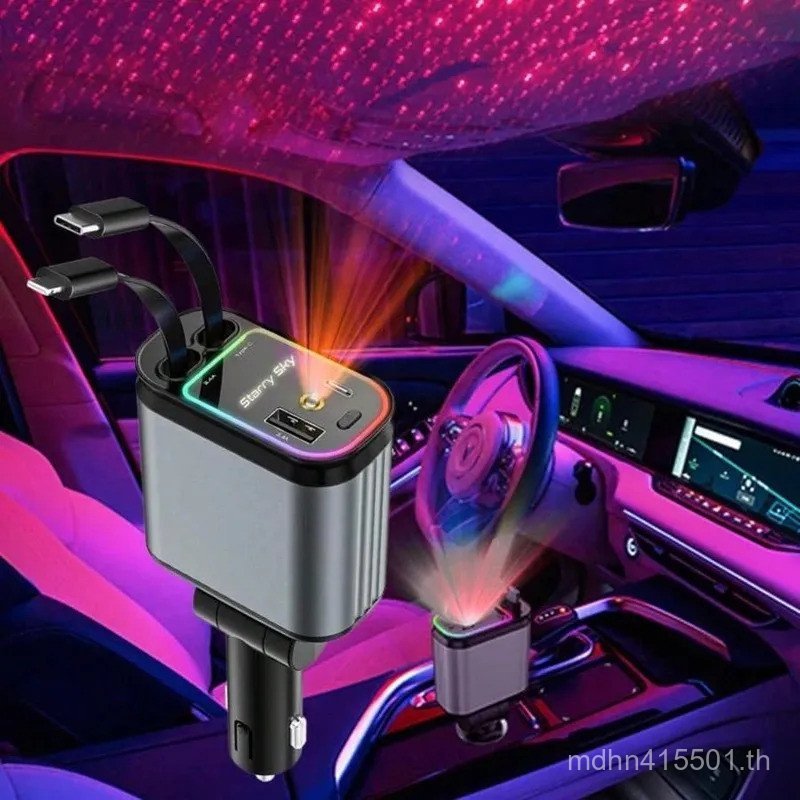 66W Fast Car Charger พร้อม Starlight, 4 in 1 Retractable Car Charger, 2 พอร์ต USB, สําหรับ iPhone 6-