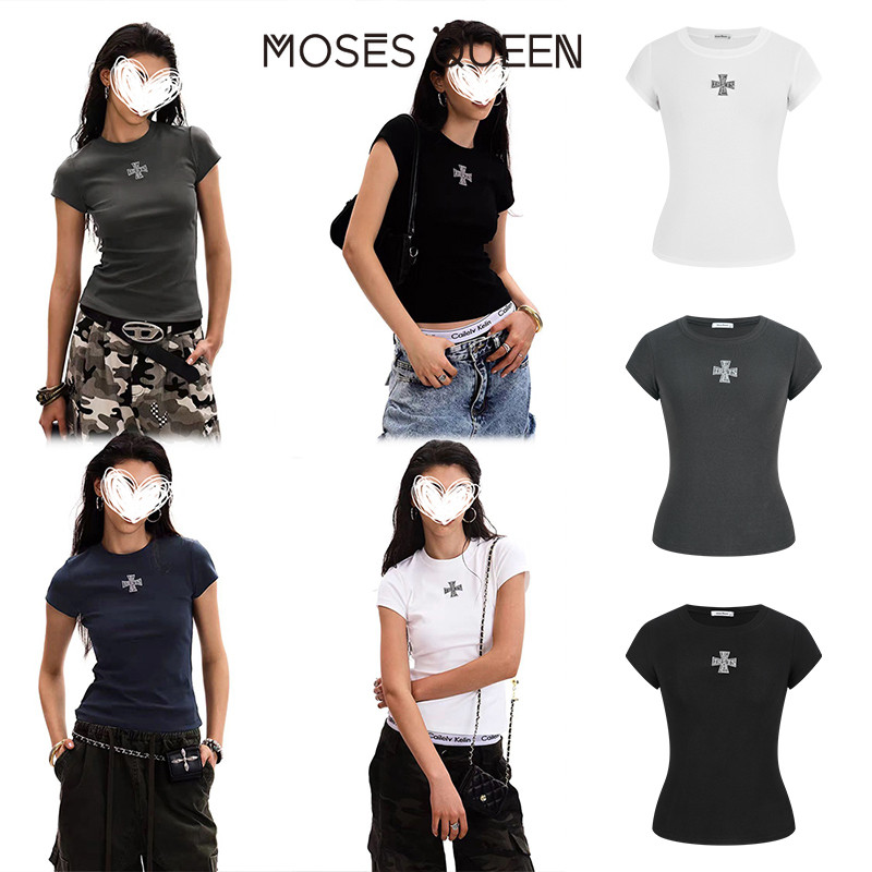 MOSESQUEEN ชุดลำลองคอกลมแขนสั้นสำหรับผู้หญิง สวมใส่สบาย มีหลากหลายสีให้เลือก #63579