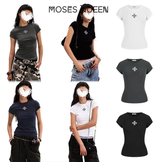 MOSESQUEEN ชุดลำลองคอกลมแขนสั้นสำหรับผู้หญิง สวมใส่สบาย มีหลากหลายสีให้เลือก #63579