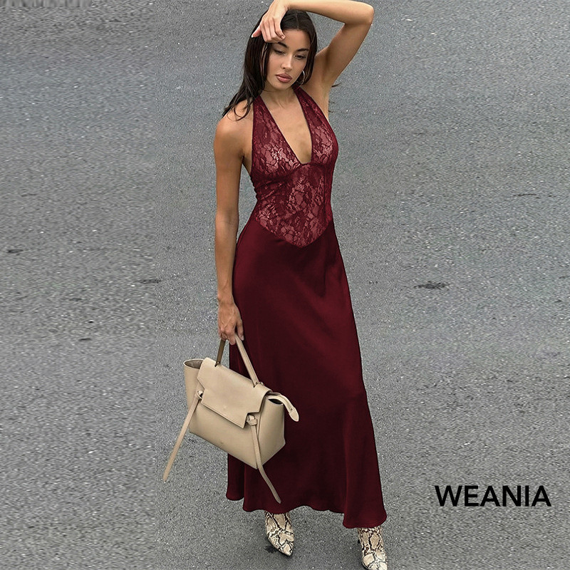 WEANIA ดรสีเซ็กซี่สำหรับผู้หญิง แบบห่วงคอ พิมพ์ลายลูกไม้และเปิดหลัง=cutout back-