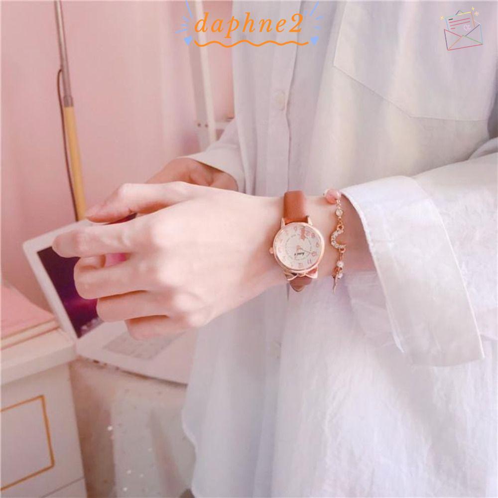 DAPHNES นาฬิกาควอทซ์, นาฬิกาควอทซ์หนังสายนาฬิกาสร้อยข้อมือชุด, Casual Cat Ear นาฬิกาข้อมือน่ารัก