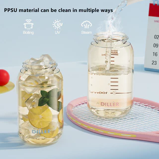 ขวดน้ํา Diller PPSU ป้องกันความร้อน 180℃, BPA-Free, Dual Head, Leakproof, 380/520ml D2606