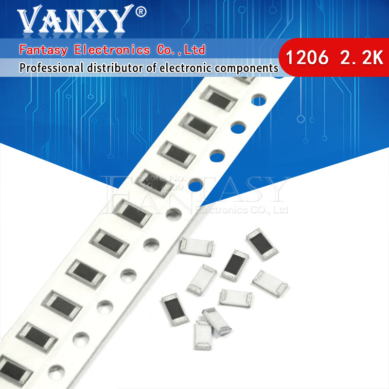 100PCS 1206 ตัวต้านทาน SMD 1% 2.2K โอห์มตัวต้านทานชิป 0.25W 1/4W 2K2 222