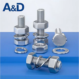 A & D M3M4M5 (ยกชุด) น็อต สกรู หัว หกเหลี่ยม พร้อม แหวน+สปริง+ตัวเมีย สเตนเลส 304 เกลียวมิล หยาบ M3 M4 M5/ (Set) Hexagon Bolt SUS304