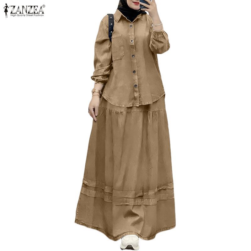 ZANZEA ซานเซีย เสื้อเชิ้ตแขนยาวแข็งมุสลิมสําหรับผู้หญิง + กระโปรงจับจีบเอวยางยืดชุดสองชิ้น