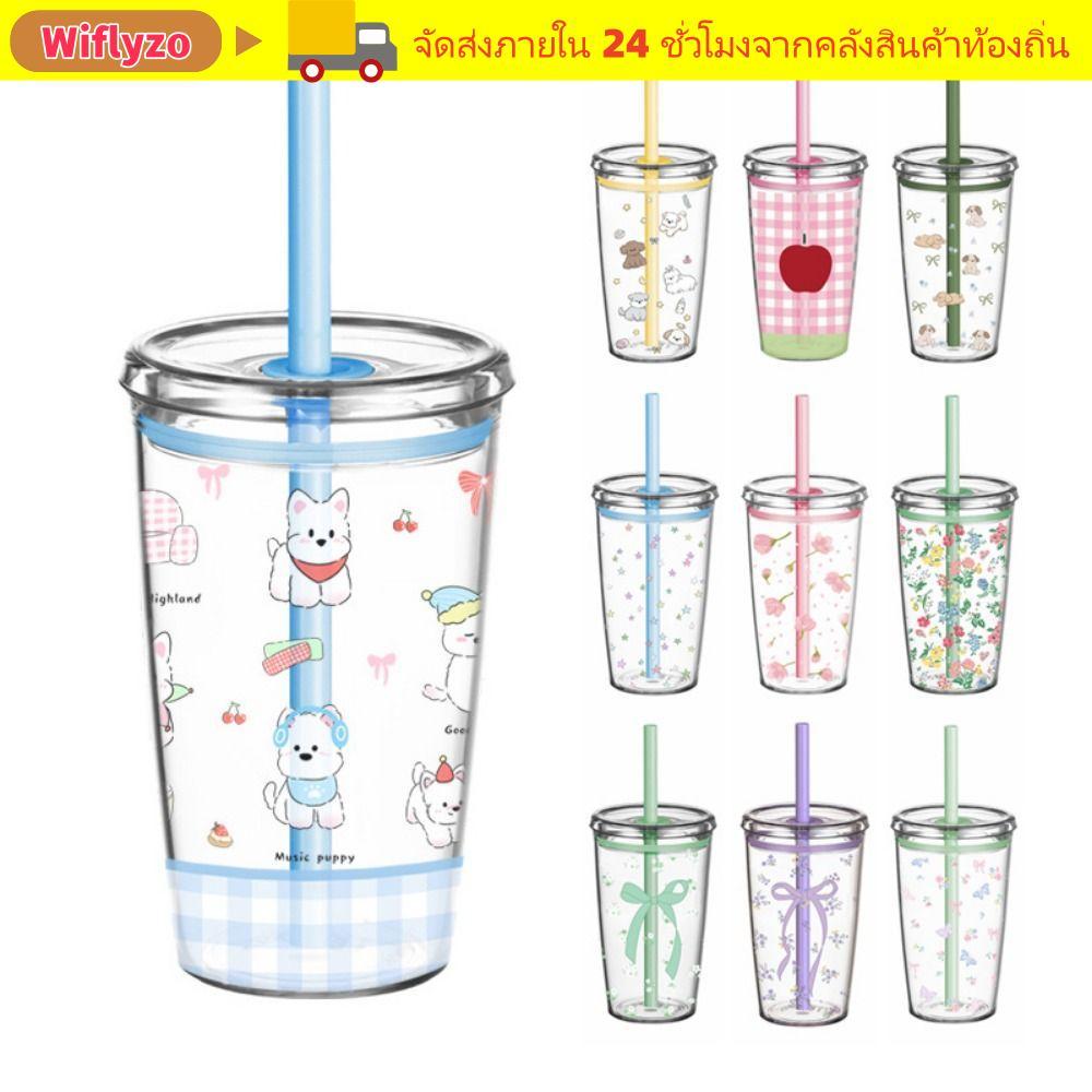 WIFLYZO ถ้วยฟาง ขวดน้ําพิมพ์ลายการ์ตูนโปร่งใส แบบพกพา 450ML Tritan Drink Cup Home Office