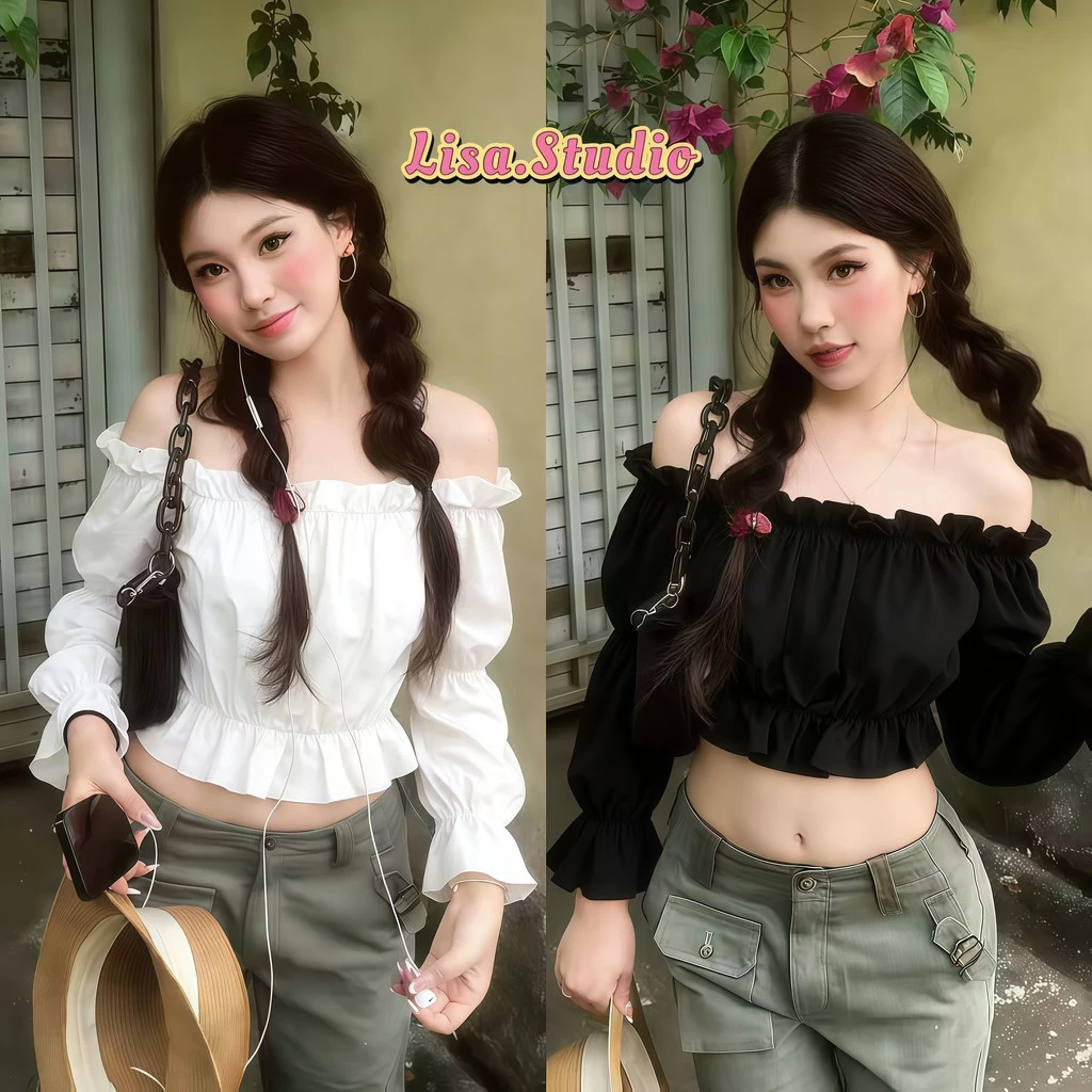 Lisa🍓พร้อมส่ง🍓เสื้อปาดไหล่แขนยาว เสื้อเปิดไหล่ สม็อกไขว้หน้า งานสวยผ้า ใส่นุ่มสบายไม่คัน เสื้อปาดไหล่แฟชั่น