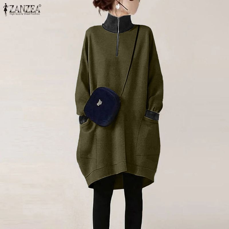 ZANZEA ชุดเดรสสเวตเตอร์คอสูงแขนยาว สไตล์เกาหลี ดีไซน์ patchwork และซิป — صورة 5
