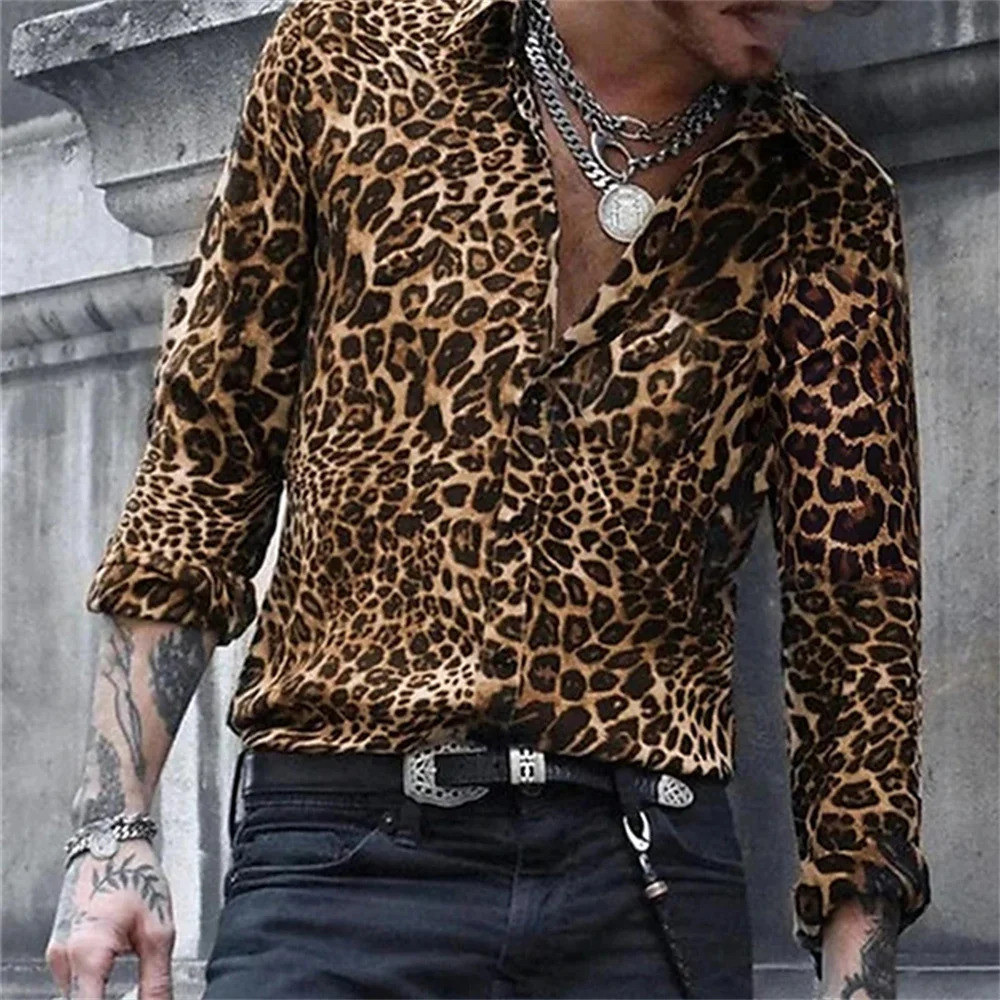 เสื้อเชิ้ตแขนยาวสำหรับผู้ชายขนาดใหญ่ มีกระดุมปกและพิมพ์ลายเสือดาว ออกแบบมาให้สวมใส่สบายในสไตล์สตรีทและลำลอง
