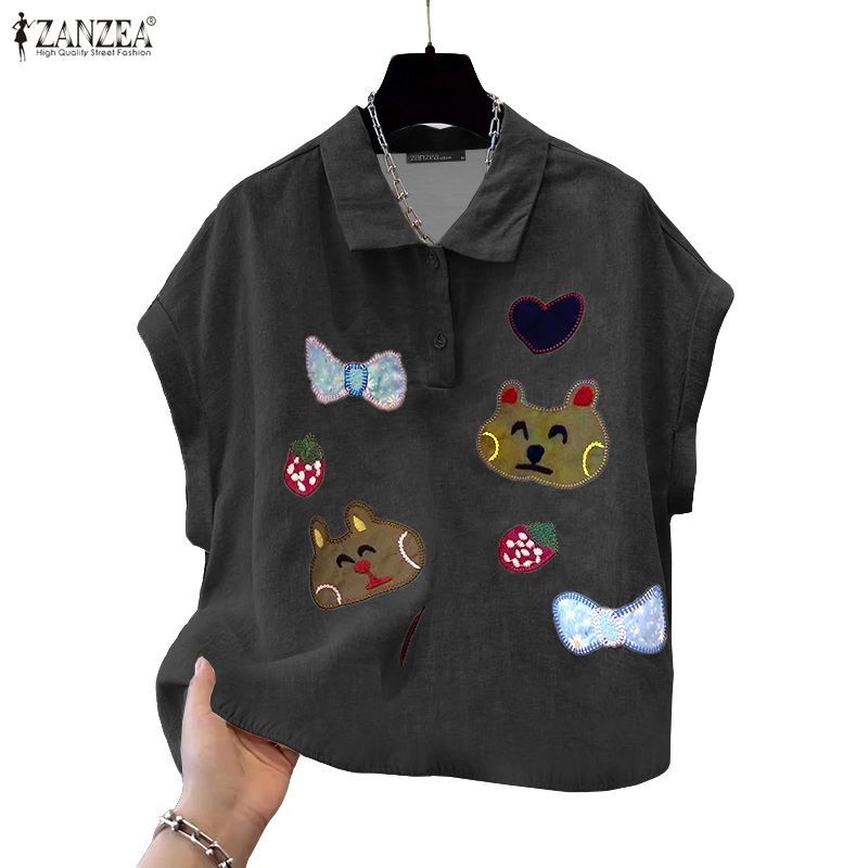 ZANZEA สไตล์เกาหลีสำหรับผู้หญิง แจ็กเก็ต.streetwear แบบเปิดกระดุมครึ่งเสื้อกับลายการ์ตูนพิมพ์
