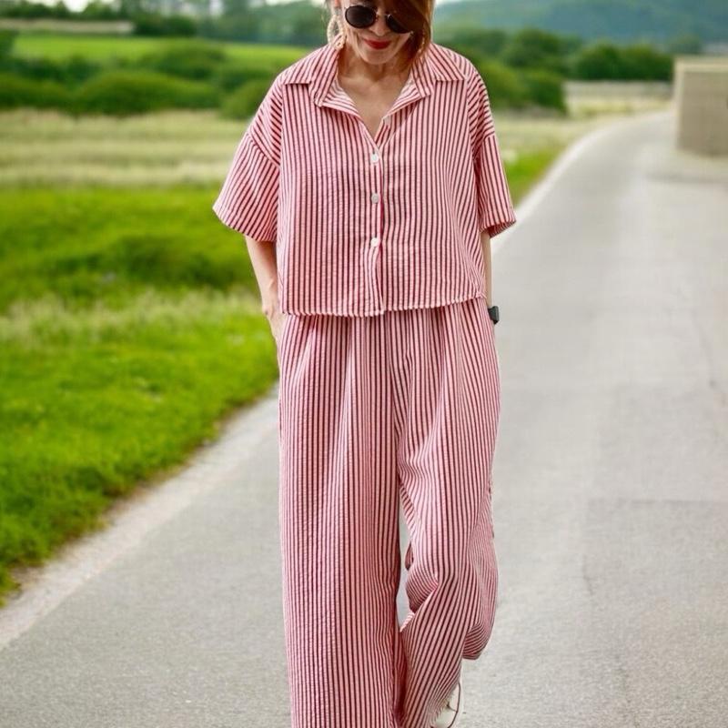 C002 เซ็ทเสื้อครอป Oversize อก 50" กางเกงสะโพก 50" เสื้อคอปกติดกระดุม เสื้อยาวหน้า 20" ยาวหลัง 23" รักแร้ 22" ใส่สบาย