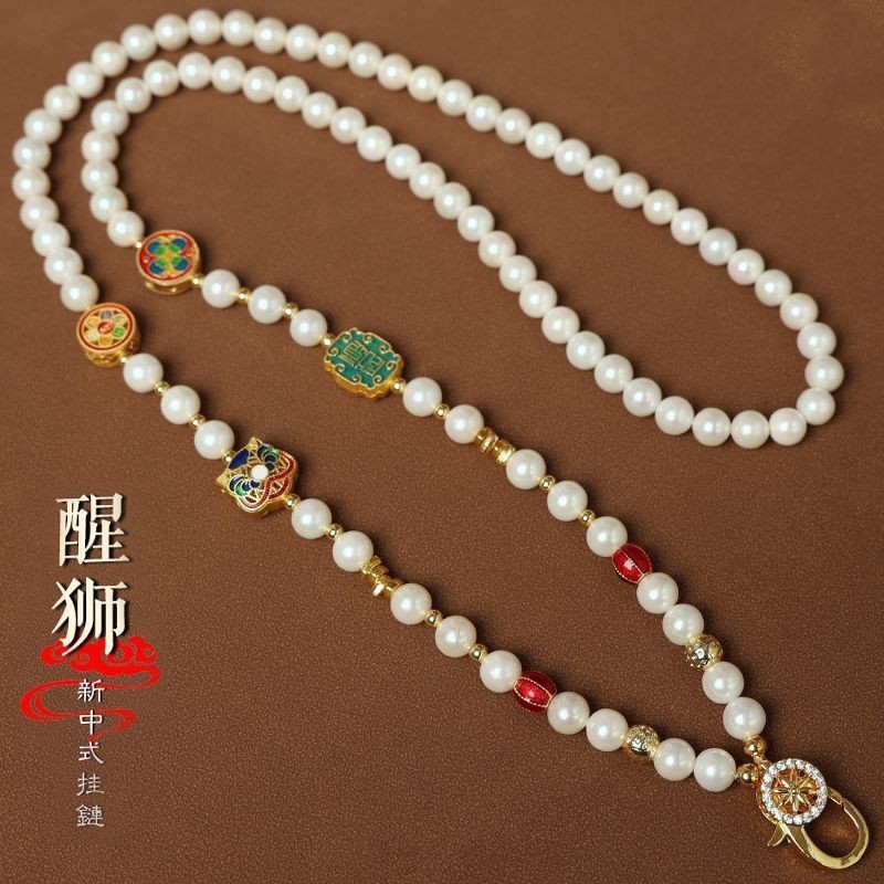 สร้อยคอมุกทรายทองดีไซน์จีนใหม่ ประดับล็อกโซ่ทอง โทนสีย้อนยุค KTC0113