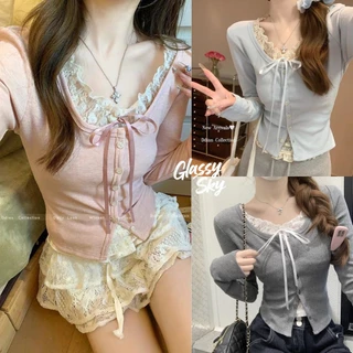 Glassy Sky😜พร้อมส่ง เสื้อแขนยาวคอกลม ผ้าร่องเล็กแต่งลูกไม้สีขาว ยืดพอดีตัว เสื้อแขนยาว เสื้อแขนยาวผู้หญิง(FY7106)