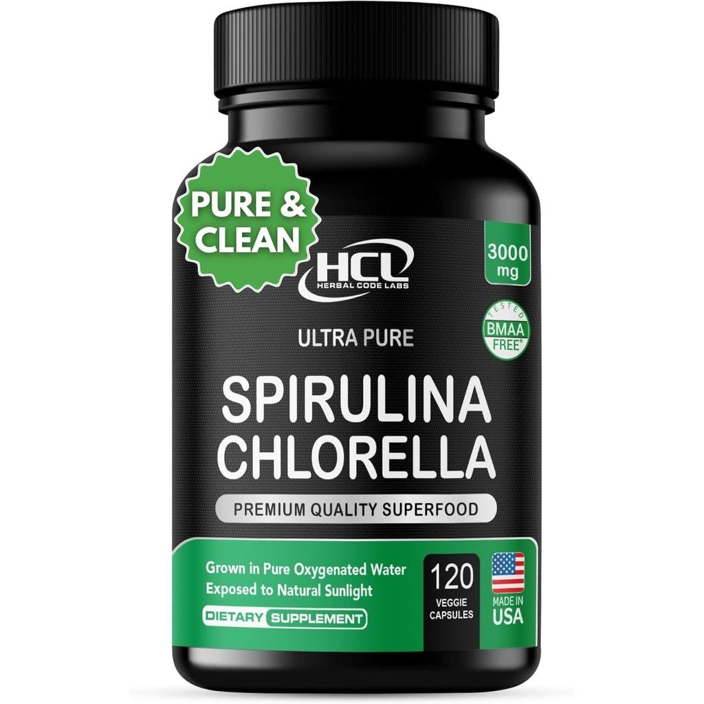 Chlorella Spirulina Powder Capsules 3000 mg of BMAA Free Purest Blue Green Algae - Best Natural Deto