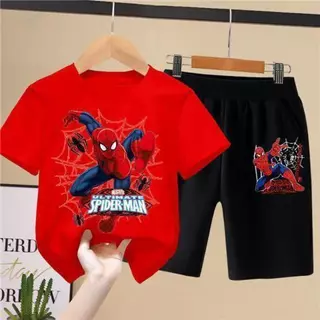 [COD]ชุดกีฬาเด็กผู้ชาย ธีมสไปเดอร์แมน เสื้อผ้าฤดูร้อนสำหรับเด็ก เสื้อยืดคอกลมแขนสั้น กางเกงขาสั้นสไตล์ตะวันตกหล่อ ชุดสอง