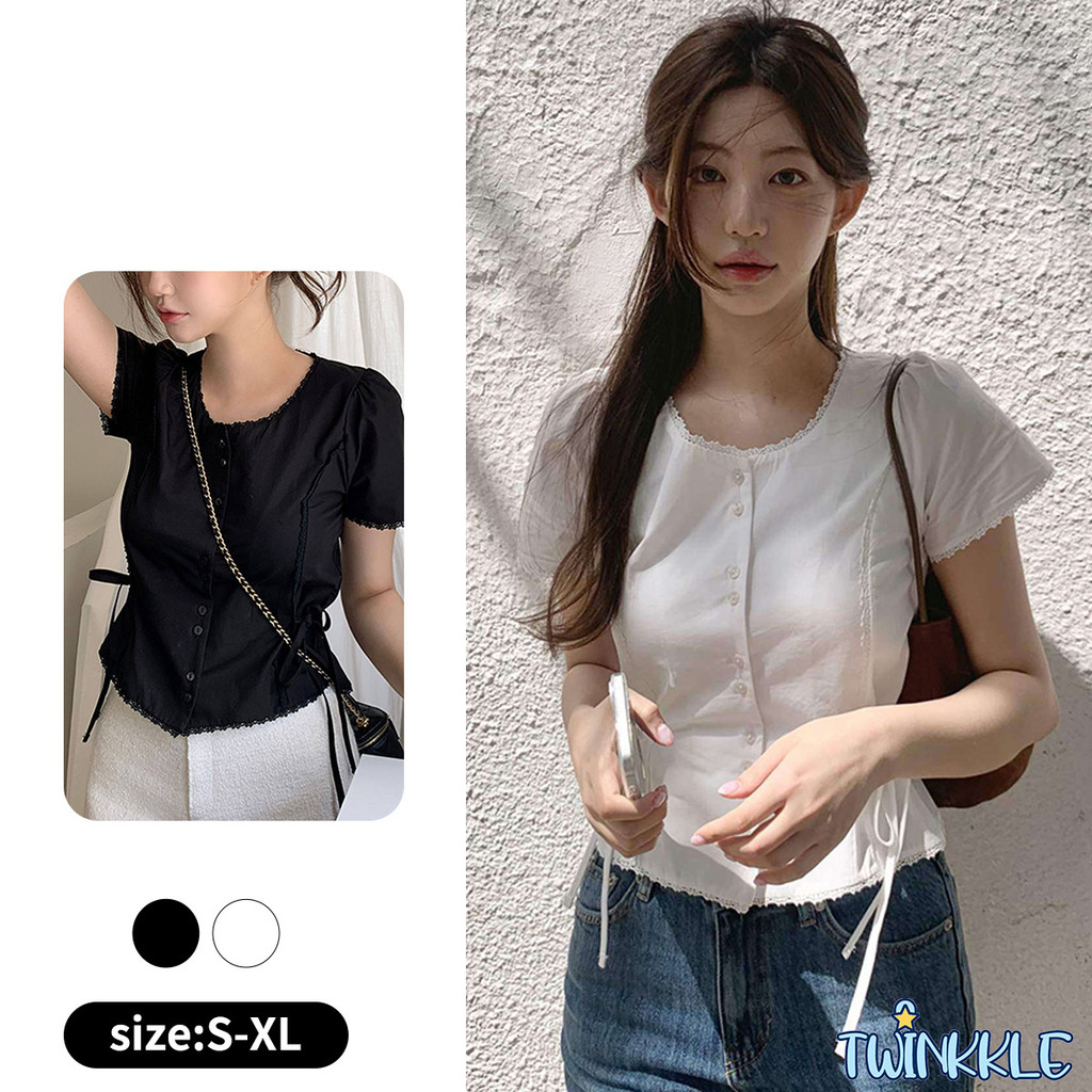 เสื้อเบลาส์ผู้หญิง แขนสั้น ผ้าลูกไม้ ผูกเอว ลุคหวาน น่ารัก