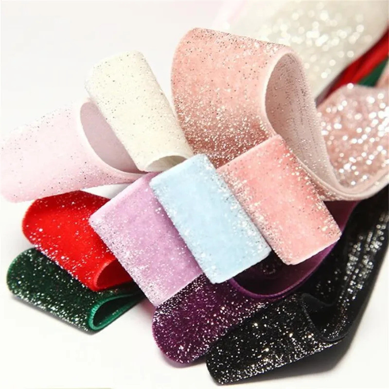 9,16,25,38MM Nylon Velvet Ribbon with Silver Glitter Lurex for Handmade Gift Bouquet Wrapping Suppli