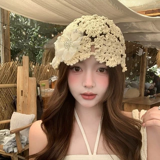 NEW หมวกถักหัว หมวกโครเชต์กลวง บางฤดูร้อน หมวกแฟชั่น วรรณกรรมย้อนยุค แฟชั่น