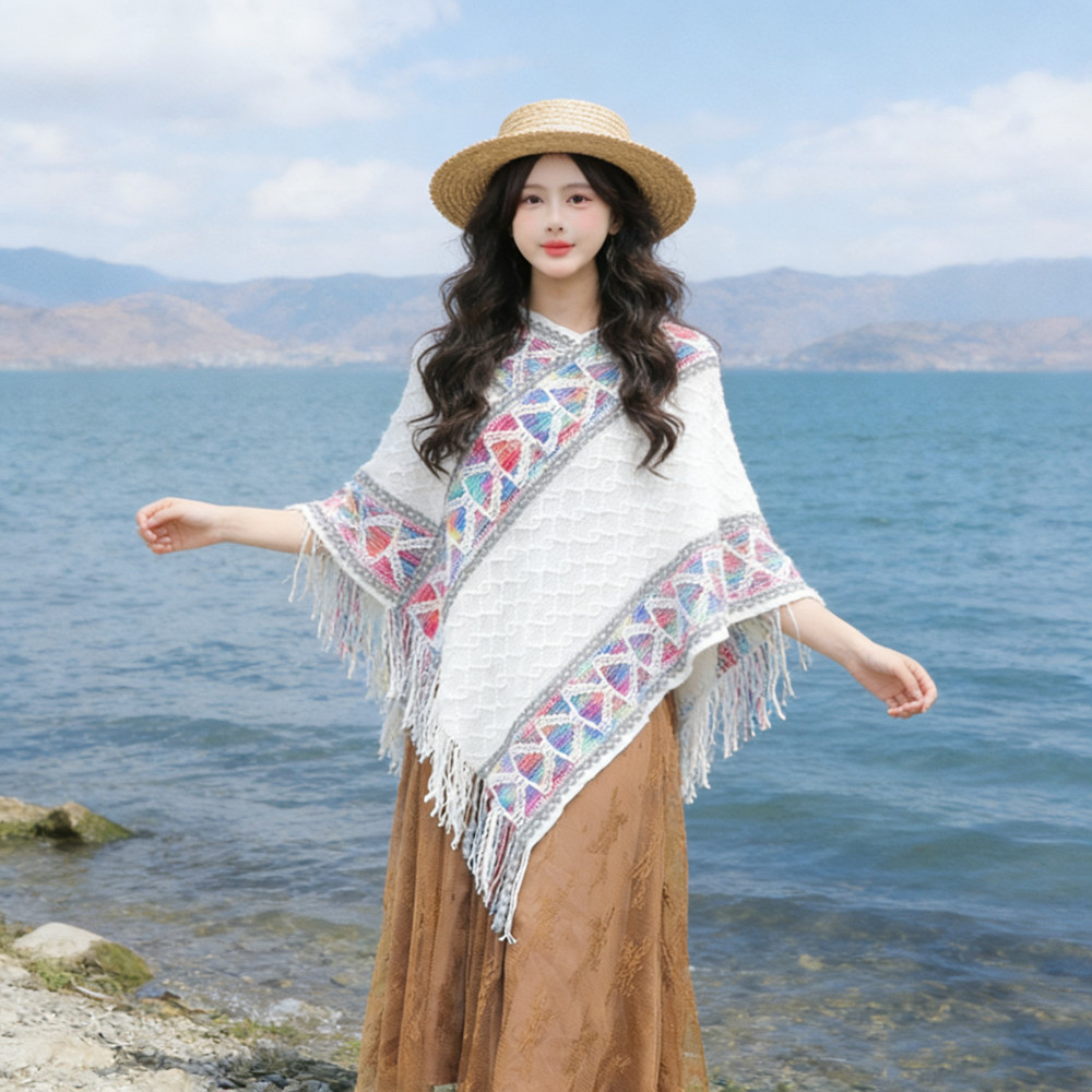 (จัดส่งในประเทศ) ผ้าปิดไหล่ถักไหมพรม สไตล์ศิลปะ โรงรูพับผง ที่มีเส้นพู่ ทุกสไตล์ สวมกับชีป่าว เสื้อคาร์ดิแกนเสื้อคลุม - รูปที่ 7