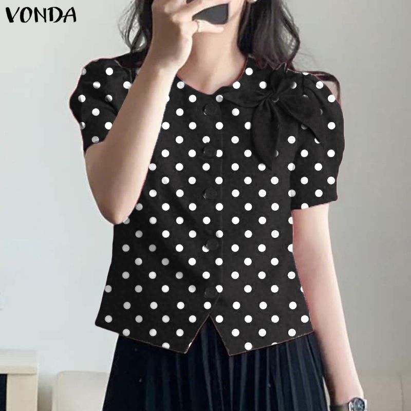 VONDA ผู้หญิงเกาหลีลําลองรอบคอสามมิติลายดอกไม้ลายจุดแขนสั้นทอผสมเสื้อรูปตัว H — صورة 5