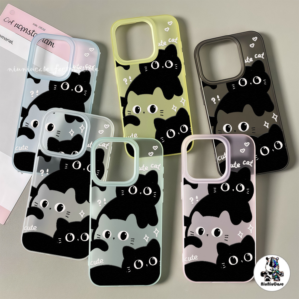 เคสโทรศัพท์ For iPhone 16 Pro Max Matte Case iP 11 13 14 15 12 7 8 16 Plus เคส แมวซ้อนกัน ยอดนิยม สีลูกกวาดเคลือบน้ำตาล