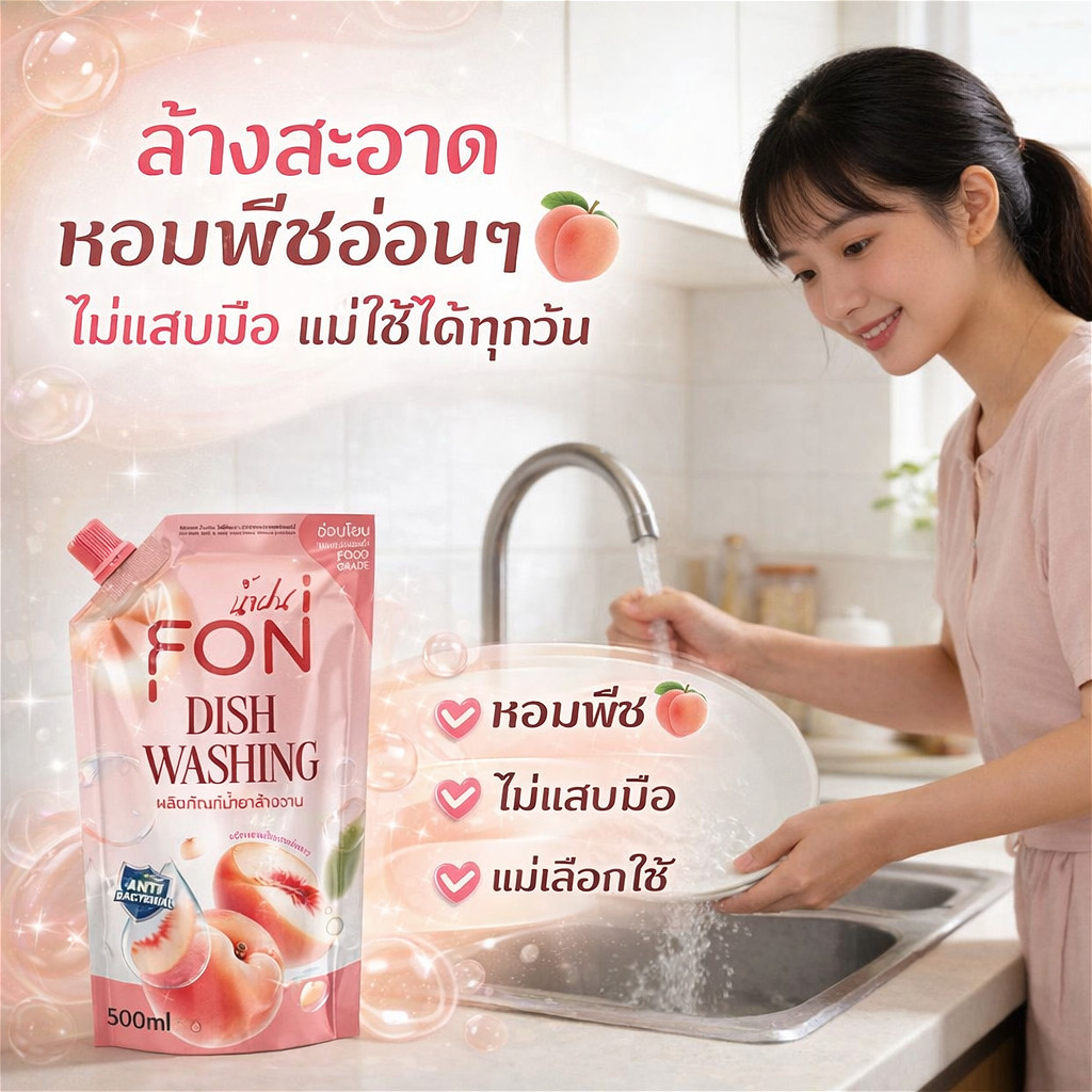 NamFon น้ำยาล้างจาน สูตรเข้มข้น หอมสดชื่นกลิ่นพีช 500 มล.