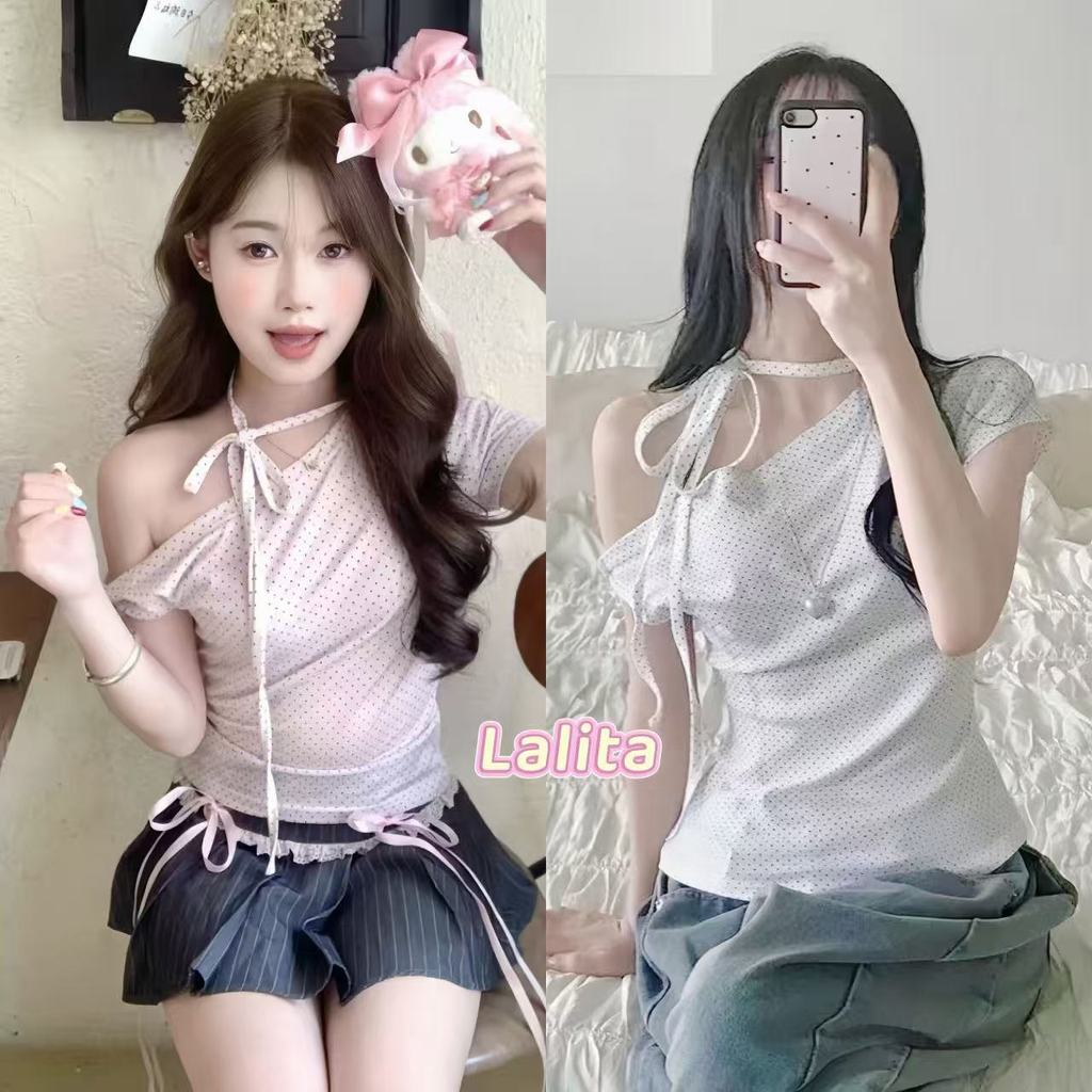 ส่งจากไทยทุกวัน เสื้อยืดผู้หญิง ดีเทลสายผูกไหล่ เสื้อยืดแขนสั้นเปิดไหล่ข้างเดียว 2สี🍒Lalita