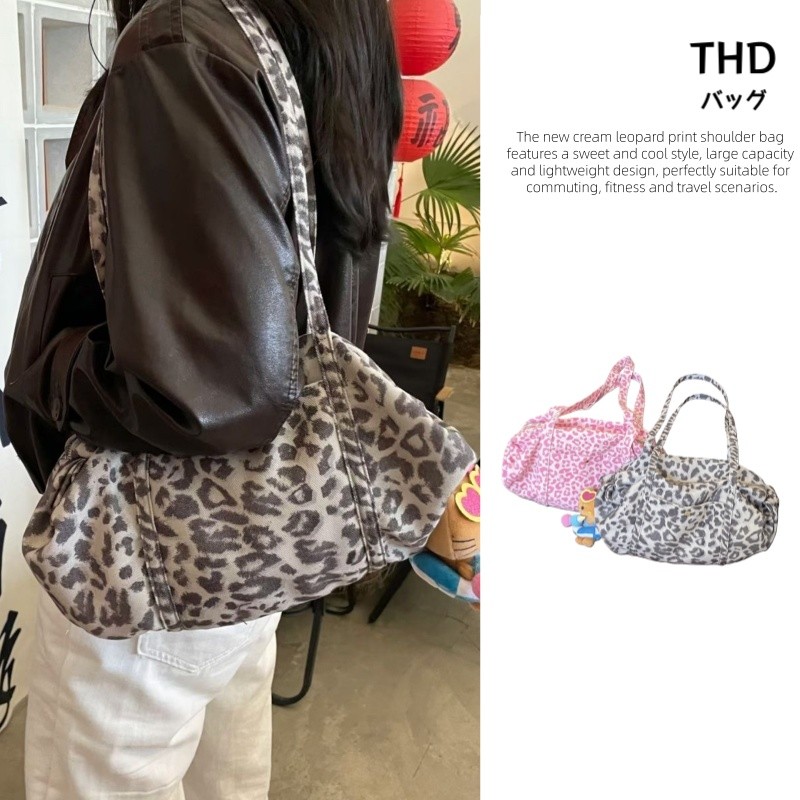 【THD】กระเป๋าสะพายข้างลายเสือดาวขนาดใหญ่ สไตล์หวานเท่ น้ำหนักเบาทำจากผ้าฝ้าย กระเป๋าฟิตเนส