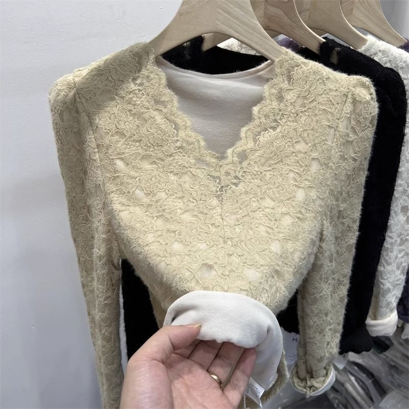 COD 2026 ขนาดใหญ่ Plus กํามะหยี่หนาแปรงลูกไม้ Bottoming เสื้อผู้หญิงไขมัน mm ฤดูใบไม้ร่วงฤดูหนาวสไตล