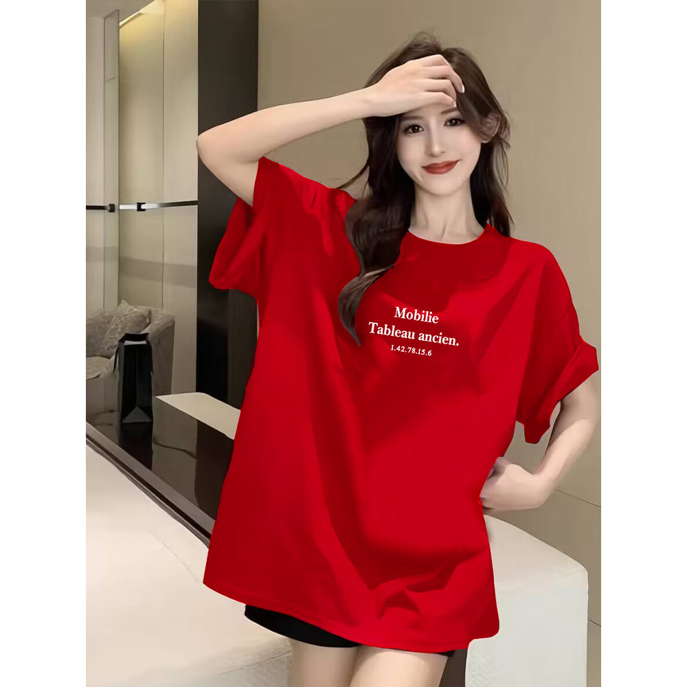 เสื้อยืดสไตล์เกาหลีผู้หญิง / เสื้อยืดผ้าวัสดุอ่อนนุ่ม โอเวอร์ไซส์ สีแดง / ชุดสบายๆ 2.02