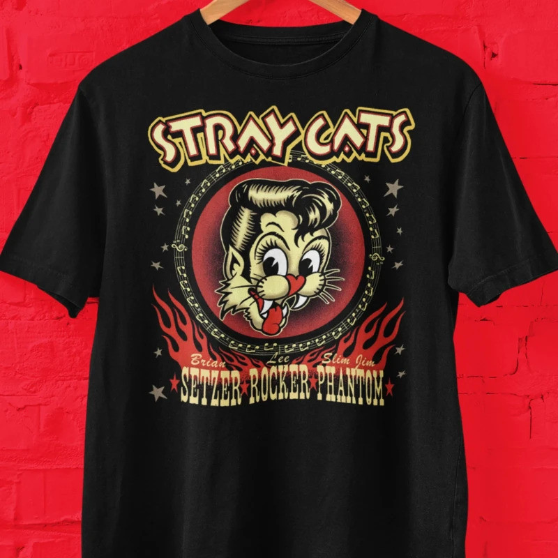 Vtg STRAY CATS Band Heavy Cotton Black All Size T Shirt for Men BT088