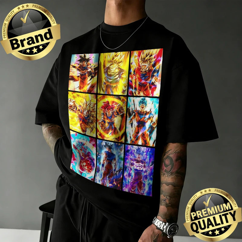 เสื้อยืดคอตตอนลายดราก้อนบอลรุ่นใหม่ปี 2026 ทรงโอเวอร์ไซส์สไตล์วินเทจ ลายกราฟิกตารางการแปลงร่างของโกค