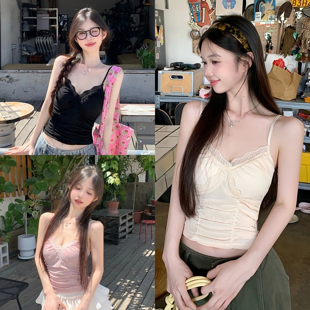 🥭Evelyn🥭เสื้อแขนกุด ขอบลูกไม้ สีพื้น มีฟองน้ำ เข้ารูป เสื้อครอป สไตล์เกาหลี ใส่สบาย ผ้านิ่ม พร้อมส่ง