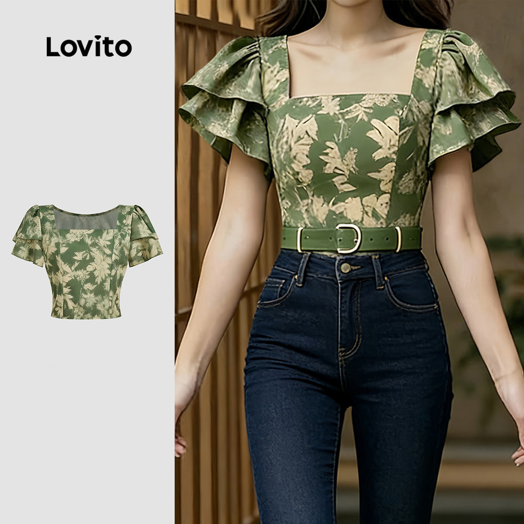 (NEW) Lovito  เสื้อเบลาส์ผู้หญิงลายดอกไม้หรูหรา ซิประบาย สําหรับฤดูใบไม้ผลิ/ฤดูร้อน L178ED1314 – โปรปัง
