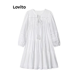 Lovito วันหยุด ชุดเดรสเรียบๆ รูดจีบสำหรับผู้หญิง เกาหลี อินเทรนด์ LNA73035