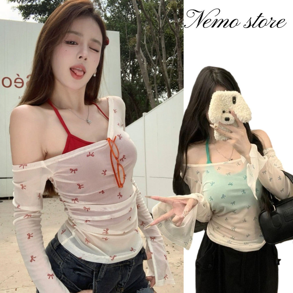 เสื้อผ้าที่เหมาะสมสำหรับงานเทศกาลน้ำ สายเดี่ยวคล้องคอครอป/เสื้อแขนยาวลายโบว์  สีสดใส FY6876-L/FYQ7172