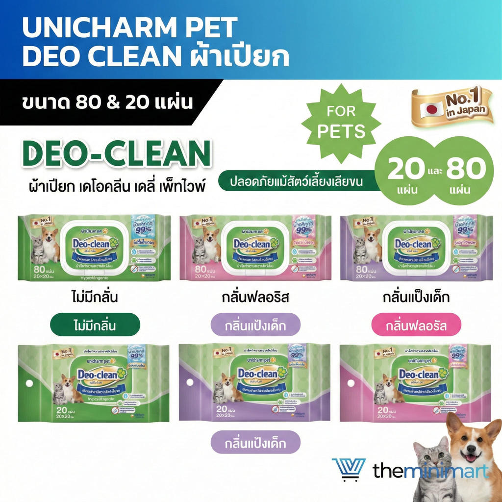 Unicharm Pet Deo Clean  เดโอคลีน เดลี่ เพ็ทไวพ์ ผ้าเช็ดทำความสะอาดสัตว์เลี้ยง สำหรับสัตว์ ปลอดภัย 80 แผ่น 20 แผ่น