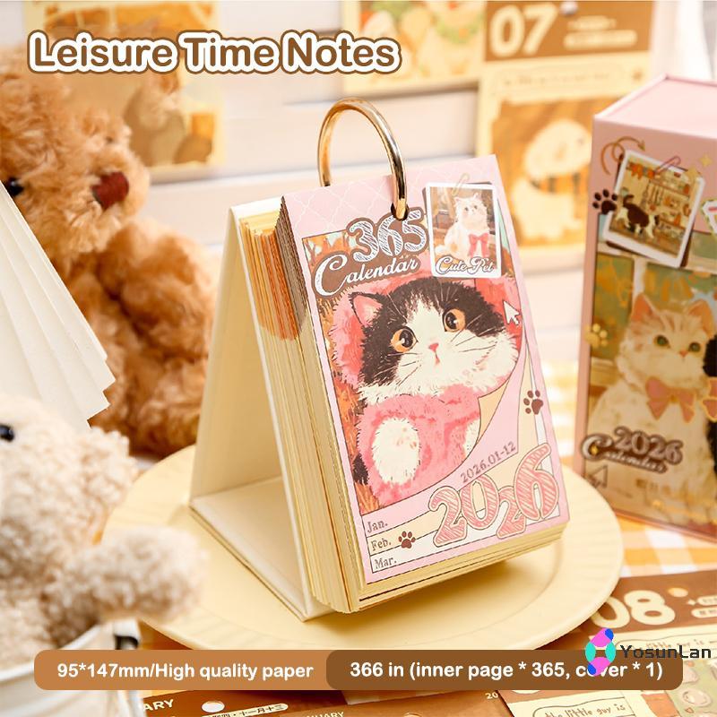 YosunLan] 2026 ปฏิทินตั้งโต๊ะพร้อมห่วงทอง 365 วัน Kitty Puppy ภาพวาดสัตว์เลี้ยง Stier Card One-Way P