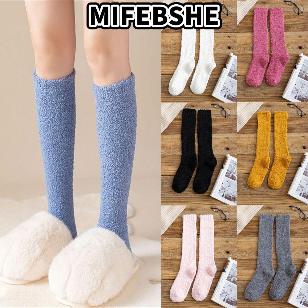 MIFEBEHE ถุงเท้ากํามะหยี่ปะการังสีบริสุทธิ์แฟชั่นหนาฤดูหนาวที่อบอุ่นระบายอากาศปุย Cosy