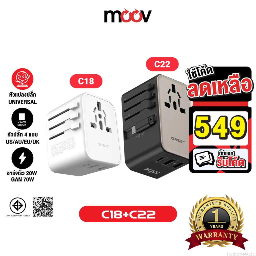[549บ.โค้ดคุ้ม] Orsen by Eloop C18 C22 หัวแปลงปลั๊กไฟ 20W และ GaN 70W Universal Travel Plug Adapter 