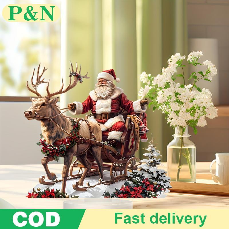 [P&N] Santa Claus Reindeer Sled ตกแต่งโต๊ะพร้อมฐาน 2D อะคริลิคเครื่องประดับคริสต์มาส 2025 Xmas Navid