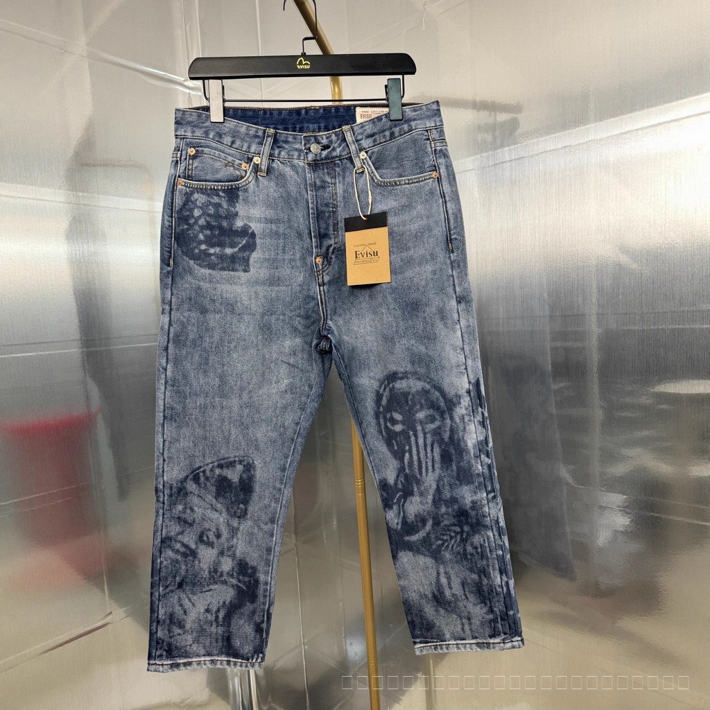 2026 new evisu Street Wear Bull Demon King Fisherman Buddha Head Print Cropped Jeans