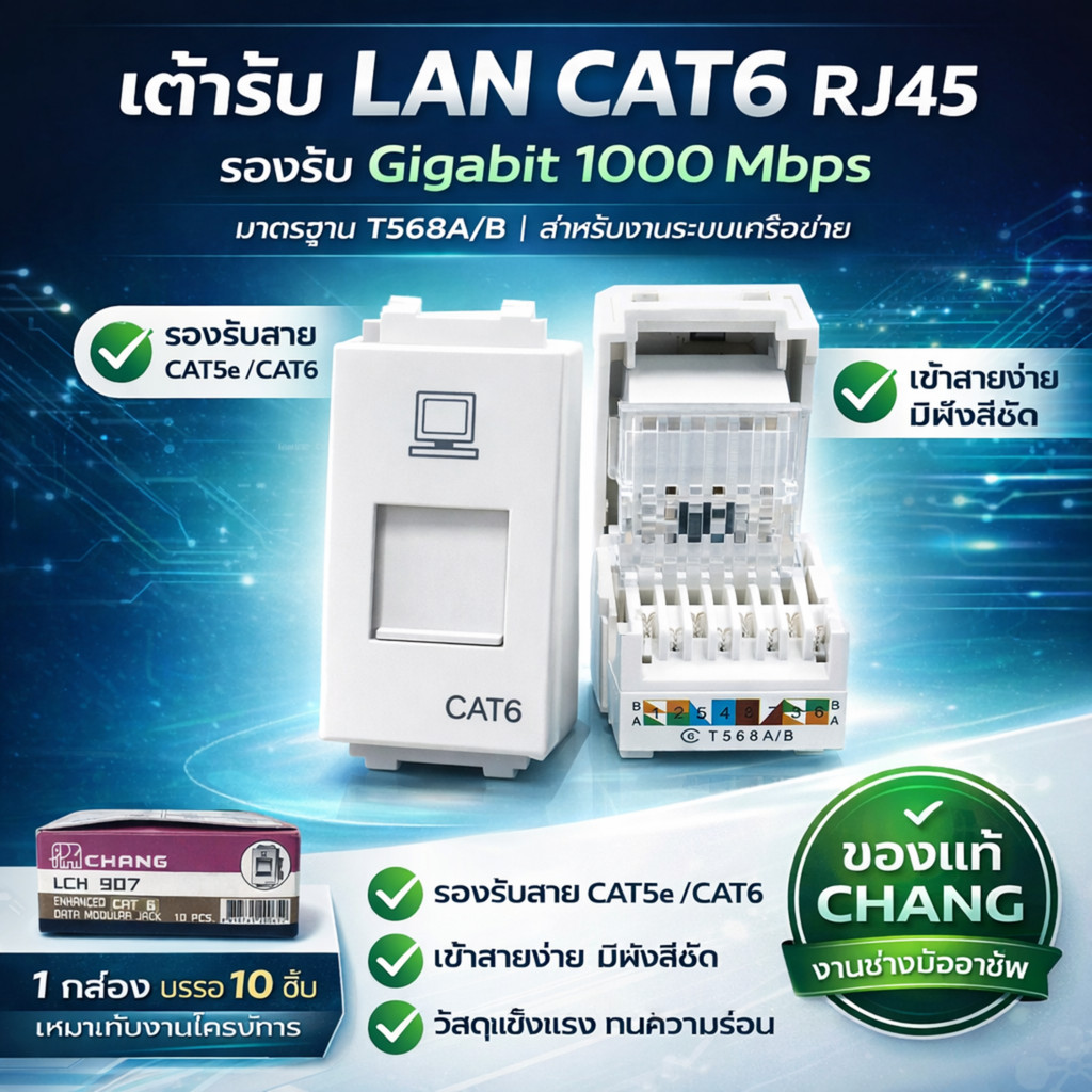 Chang เต้ารับ LAN CAT6 RJ45 LCH 907 ของแท้ รองรับ Gigabit 1000Mbps มาตรฐาน T568A/B เข้าสายง่าย