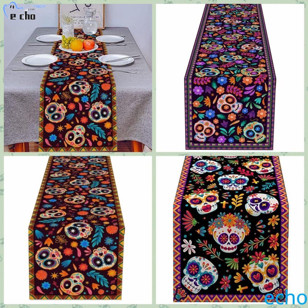 PIVOT Skull Table Runner, Skeleton ผ้าลินิน Tablecover, จัดเลี้ยงสไตล์เม็กซิกันสี่เหลี่ยมผืนผ้าตกแต่