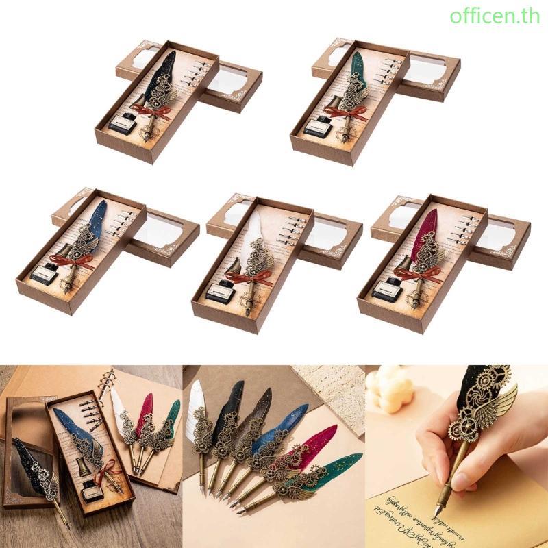 Cen โบราณ Quill Dip Pen Quill ปากกาขนนกและหมึกชุดการประดิษฐ์ตัวอักษรปากกาเขียน